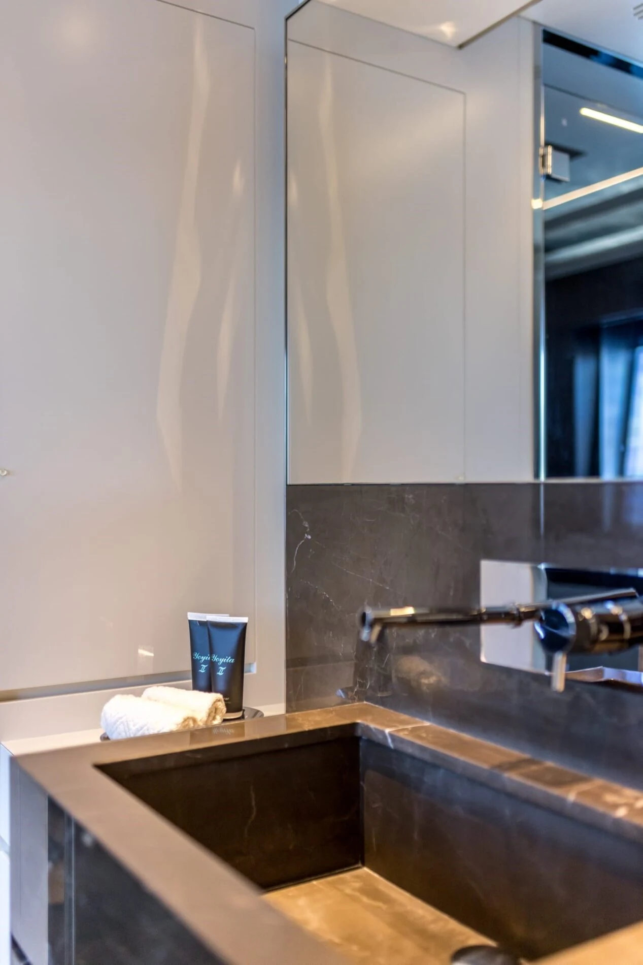 Private vanity and desk aboard YOYITA II