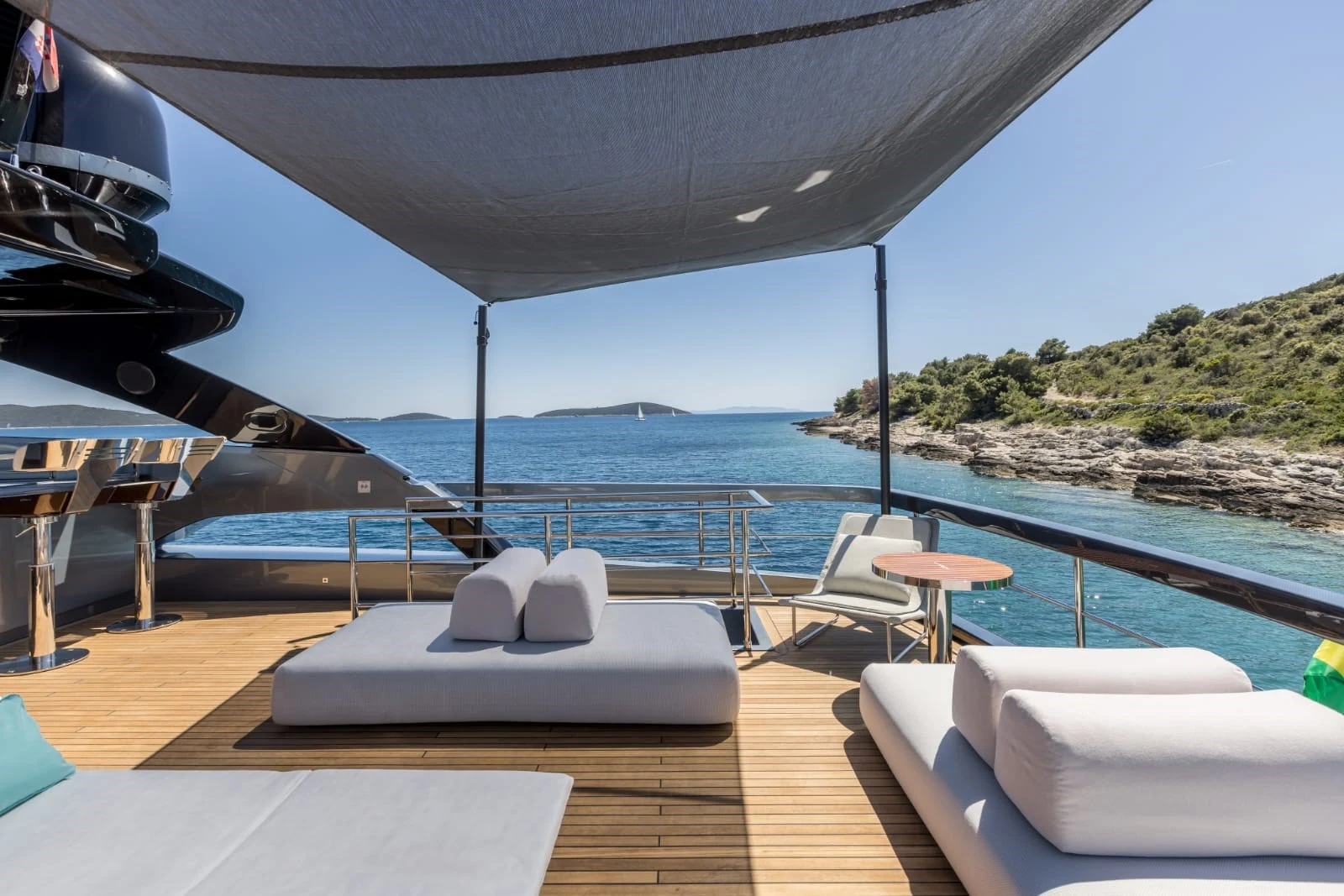 Shaded lounge on the upper deck of YOYITA II
